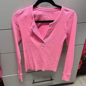 Aerie Bright Pink Ribbed Long Sleeve Tee